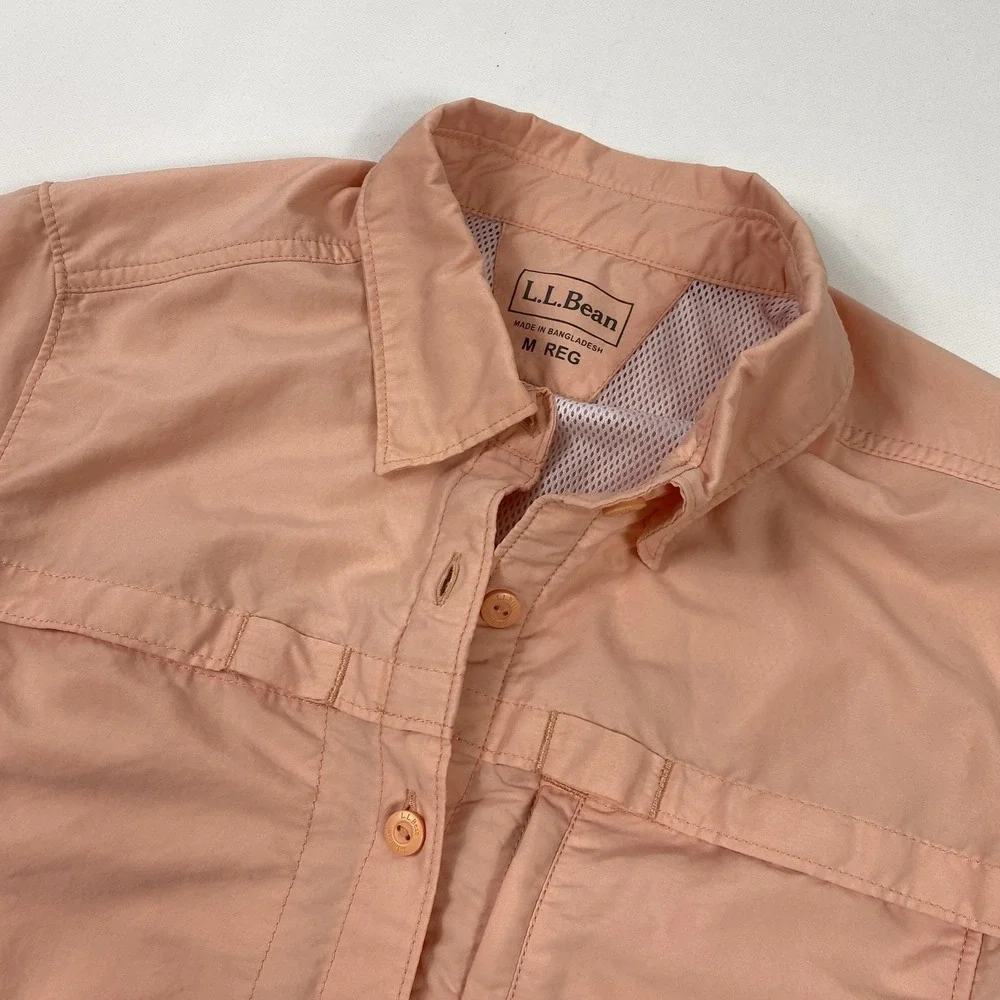 LL‎ Bean Shirt Womens Medium Peach Short Sleeve Button Front Nylon Blend Outdoor